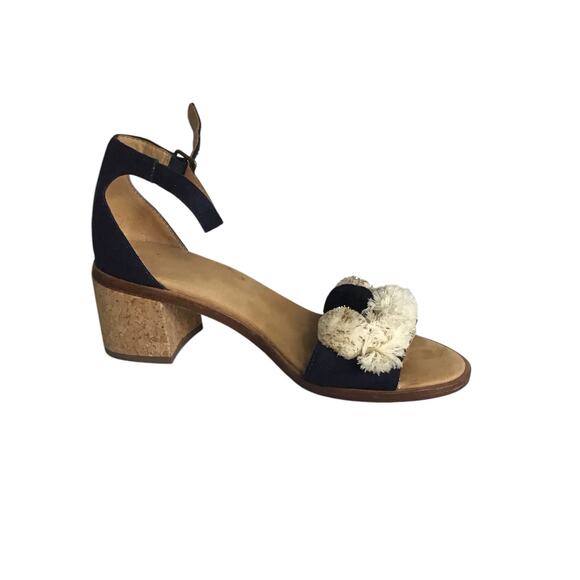 Soludos Capri Pom Pom Block Heel Navy Strap Sandals Women SZ 6.5 Navy EUC Resort - Picture 1 of 8